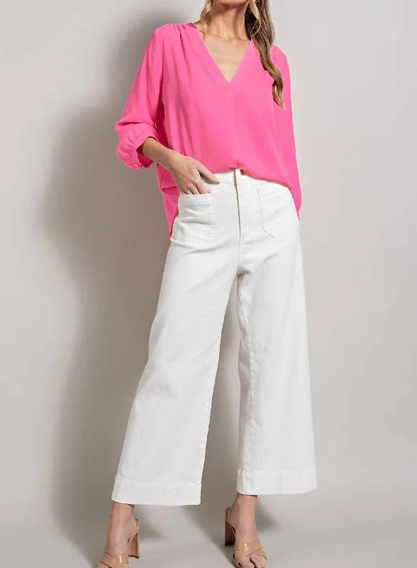 Steals and Deals Women's Long Sleeve V Neck Blouse In Hot Pink
