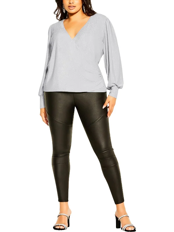 Discount Deals Womens Metallic Faux V Neck Blouse