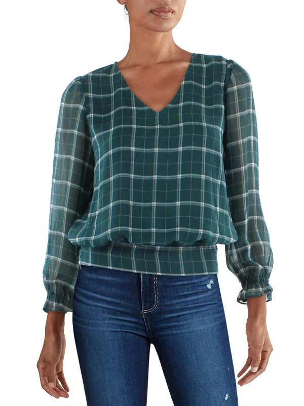 Markdown Madness Womens Plaid Smocked Blouse