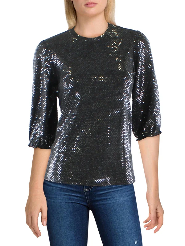 Inventory Reduction Womens Sequins Puff Sleeves Pullover Top