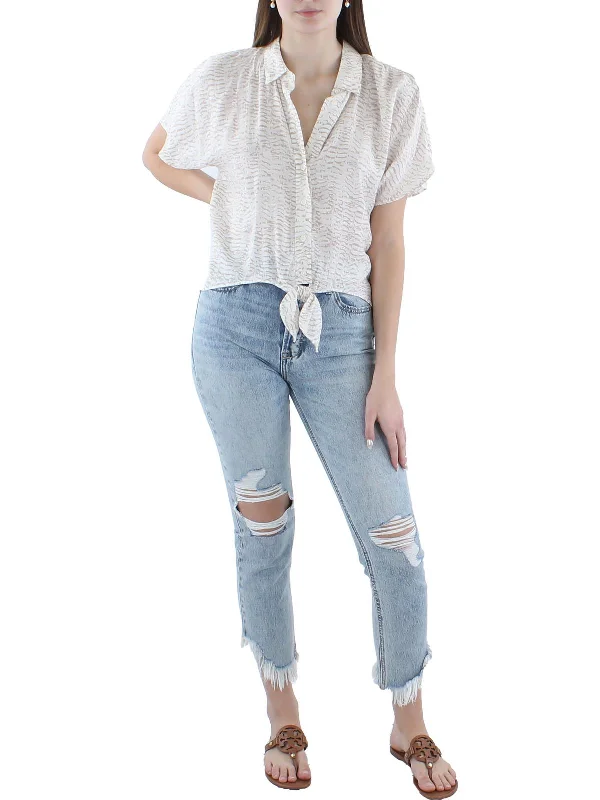 Price Cut Womens Tie Front Collared Button-Down Top