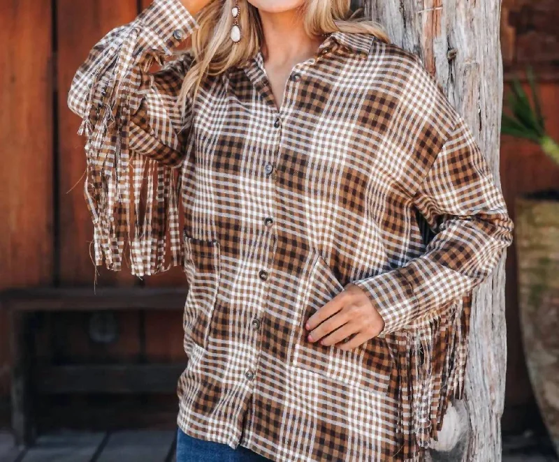 Best Seller Woodland Escape Long Sleeve Flannel Top In Brown Plaid & Fringe