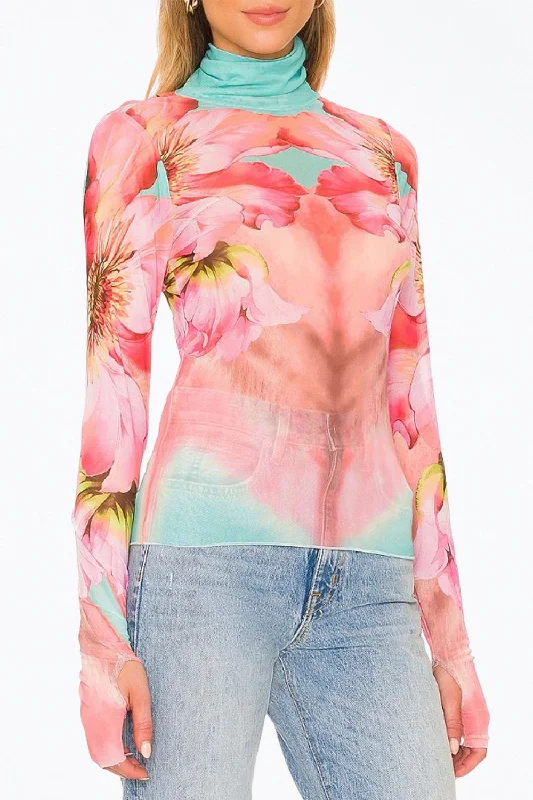 Take Advantage Zadie Power Mesh Turtleneck Top In Coral Daffodil Sub