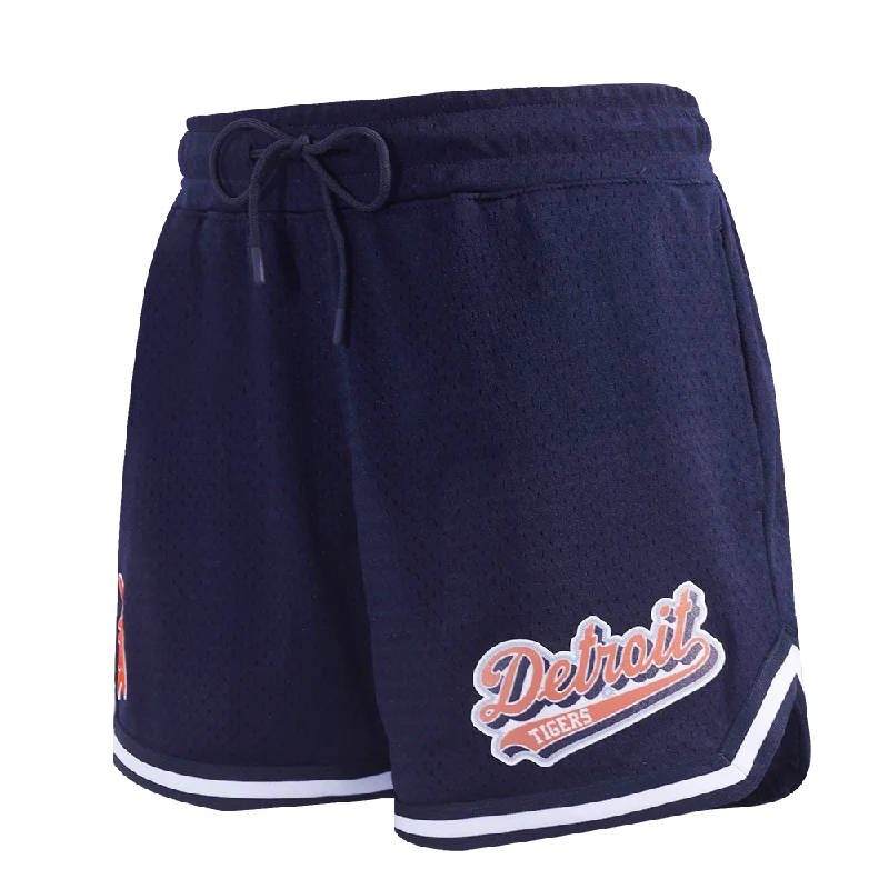Discount Mania MLB DETROIT TIGERS SCRIPT TAIL WOMEN'S MESH TAPE SHORT (MIDNIGHT NAVY)